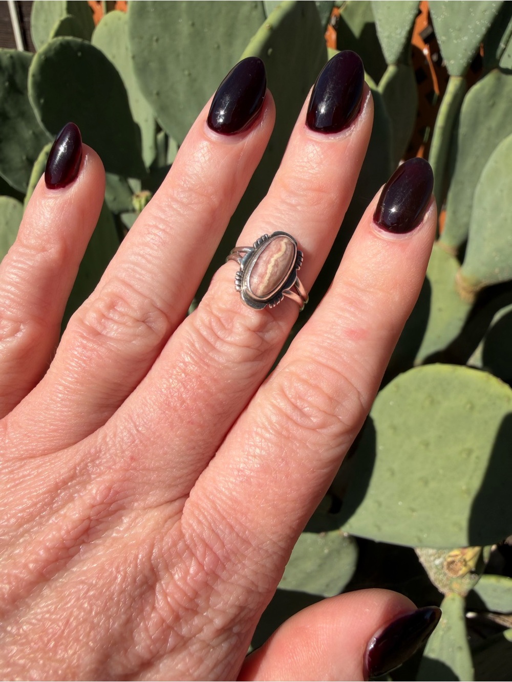 Linda Yazzie Navajo Sterling Silver Rhodochrosite Ring Size 6.5 Signed Vintage